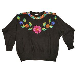 Mister Noah 22W Sequined Sweater Pullover Floral Beaded Flowers 80s Knit‎